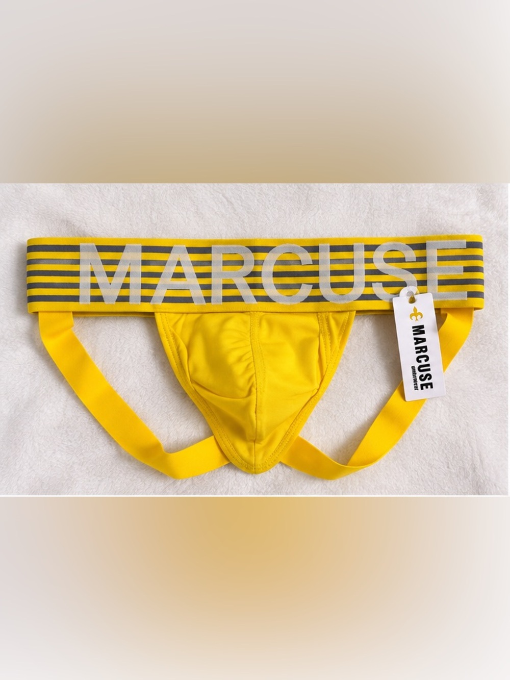 MARCUSE Brighten Jock Yellow Gray Logo Waistband Men’s Jockstrap Size M NWT